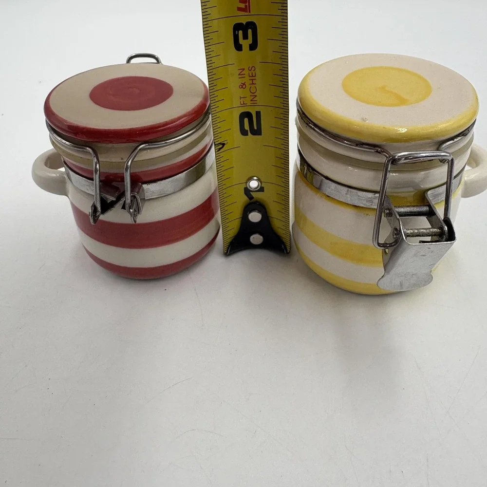 Striped Ceramic Jam Jars Set Of 2 Red‎ Yellow Clamp Lid Airtight Kitchen Storage